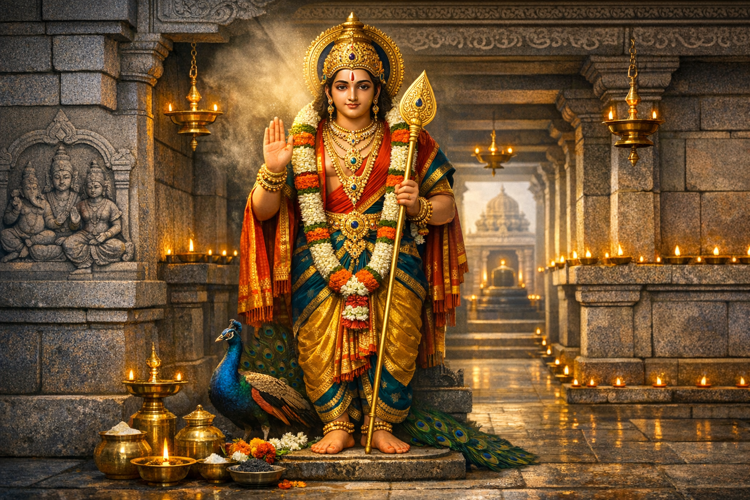 South Indian temple shrine with a richly adorned Hindu deity holding a spear (vel), garlanded in red and gold silk, a peacock at their feet, oil lamps and offerings lit along carved granite corridors.