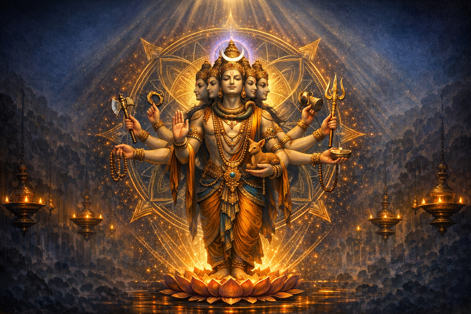 Radiant illustration of a multi-armed Hindu deity with five serene faces, standing on a lotus before a glowing mandala, holding trident, conch, axe, mala, bowl, and a deer, amid golden temple lamps.