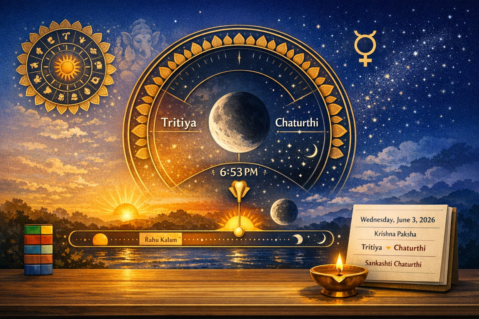 Illustrated Hindu panchang with moon, zodiac and sunset, marking Tritiya to Chaturthi at 6:53 PM; Rahu Kalam shown; flip calendar reads Wednesday, June 3, 2026, Krishna Paksha, Sankashti Chaturthi.