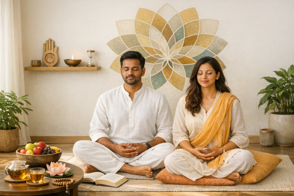 Two adults in light traditional attire meditate cross-legged on cushions in a calm home studio, framed by a lotus mandala, tea, fruit, and plants for mindfulness, wellness, and yoga practice.