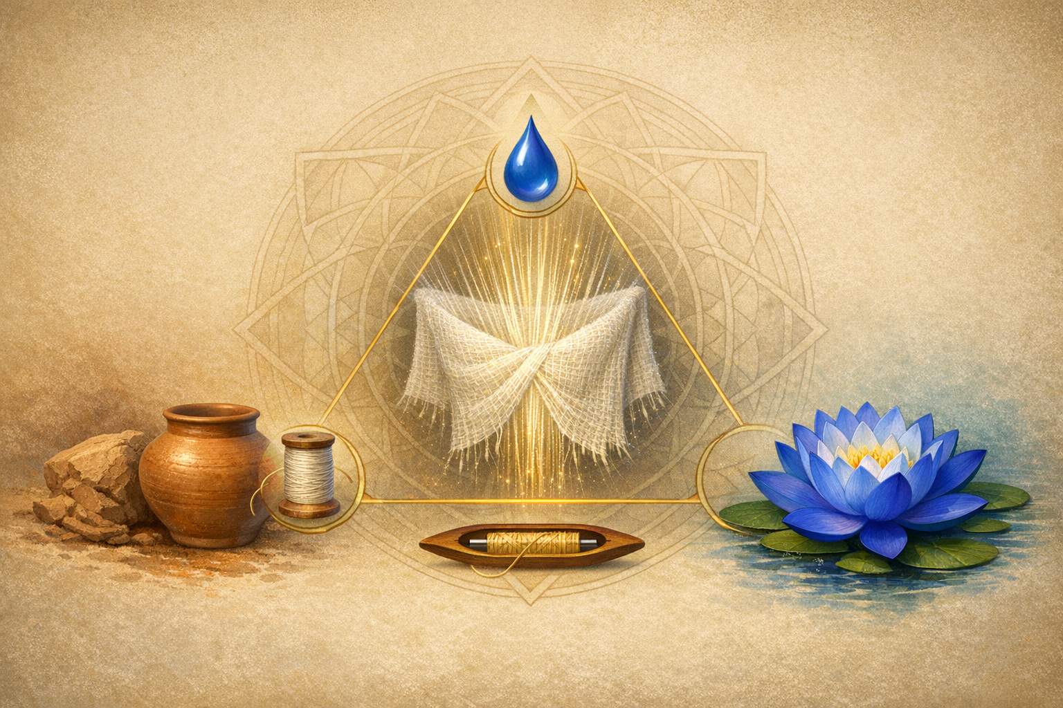 Symbolic artwork: a luminous gauze hangs in a golden triangle under a blue droplet; left, a clay pot and thread spool; right, a blue lotus; a wooden shuttle with yarn rests at the base.