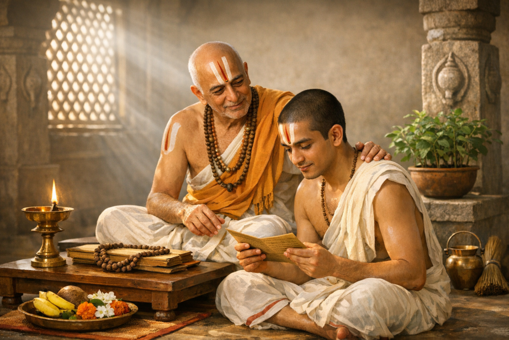 An elder mentor and young student in traditional robes read a palm‑leaf manuscript beside a lit brass lamp, beads, fruit, flowers, and a potted basil, reflecting sacred study and {post.categories}.
