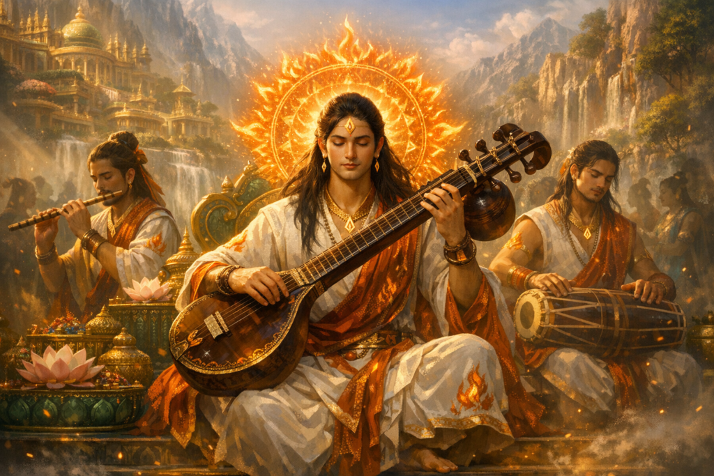 Three traditional musicians play veena-like lute, bamboo flute, and hand drum amid lotus altars, temple spires, and waterfalls; a radiant sun halo frames the central figure, evoking Indian raga.