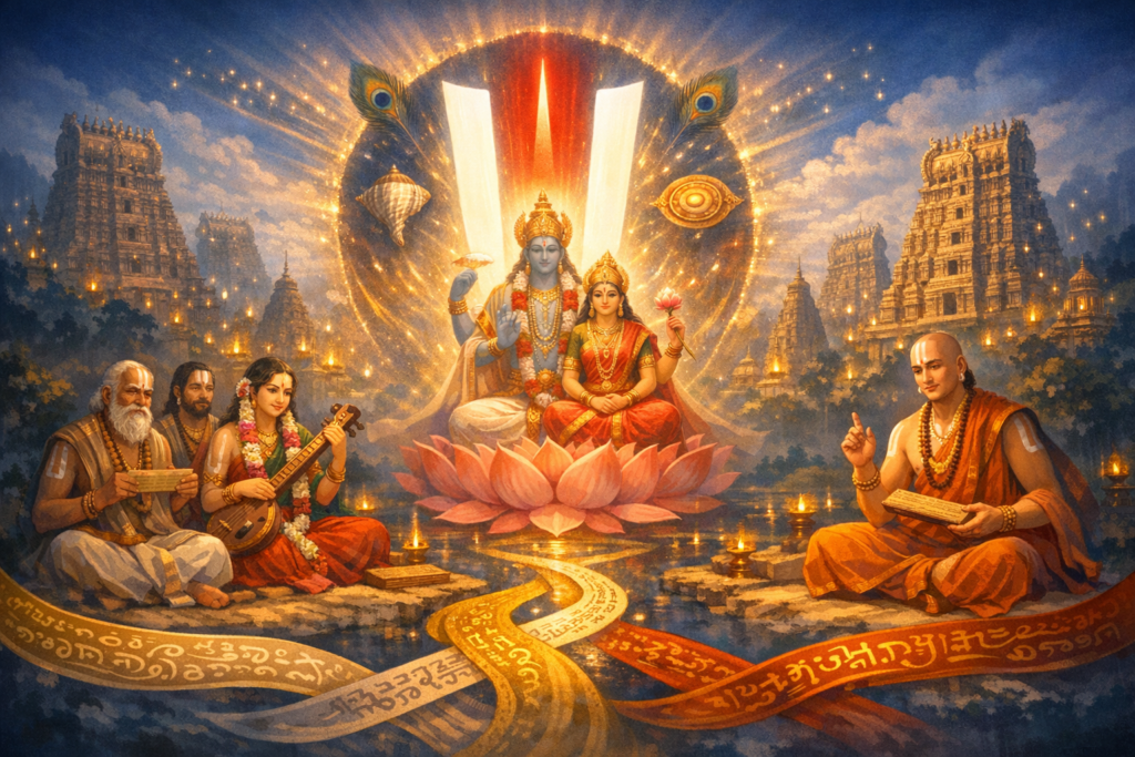 Illustration of Vishnu and Lakshmi on a lotus with radiant Vaishnava tilak, conch and chakra, South Indian temple gopurams, scholars reading palm-leaf texts, veena music, and rows of oil lamps.