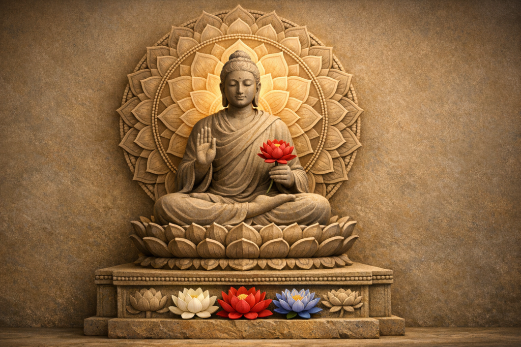 Stone Buddha statue in lotus pose before a carved mandala halo; right hand raised in blessing, left holding a red lotus, with white, red, and blue lotus blooms lined along the base.