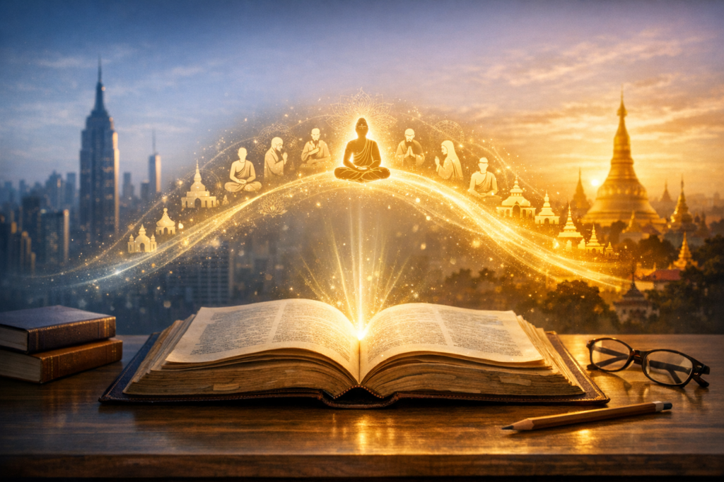 An open old book glows on a desk, releasing a golden arc of a meditating figure, monks, and temples between a modern city and pagoda skyline; glasses nearby; spirituality, {post.categories}