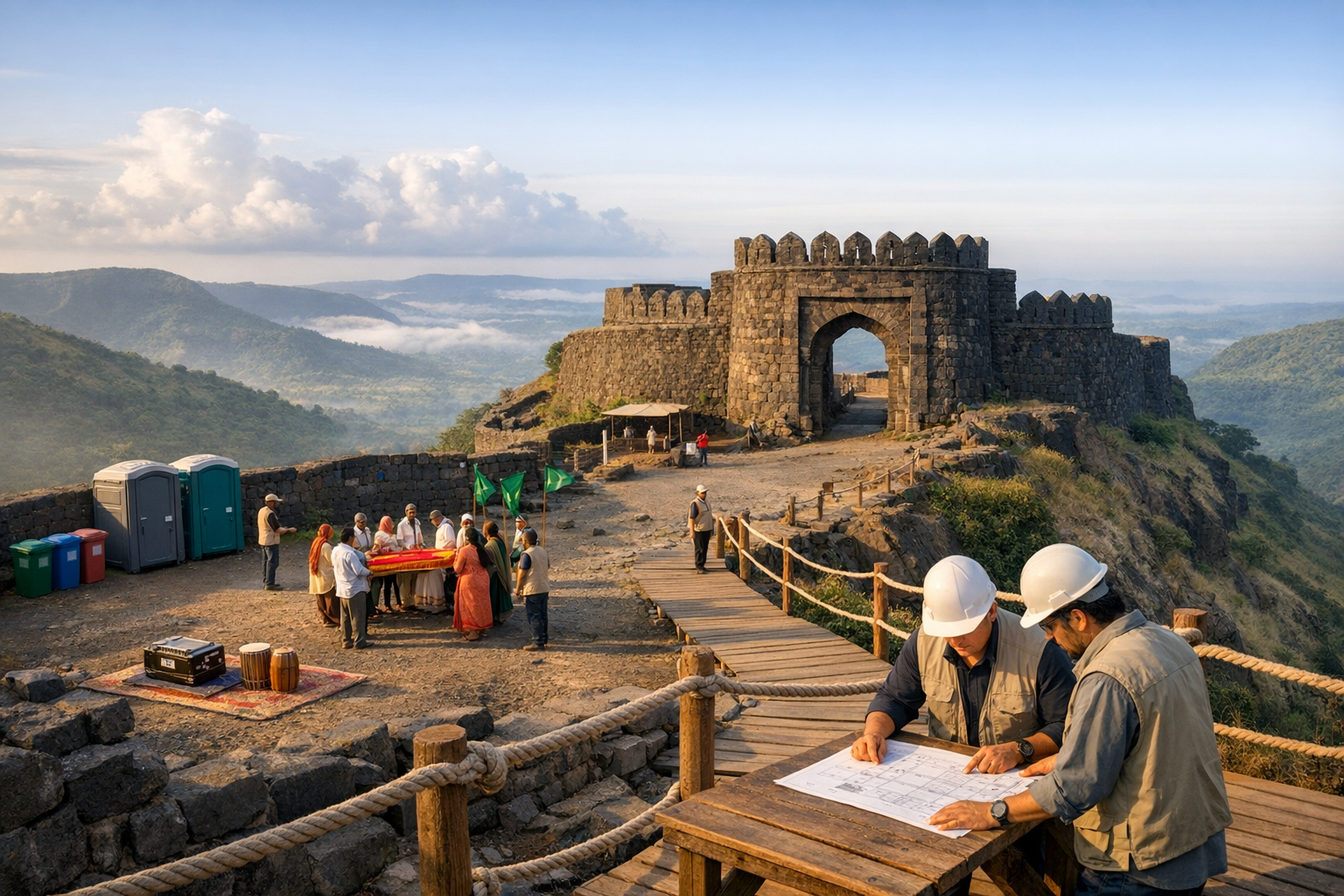 Engineers review blueprints on a wooden walkway beside a hilltop stone fort as a group readies a cultural ceremony with drums and flags, above misty valleys - historic architecture and heritage conservation.