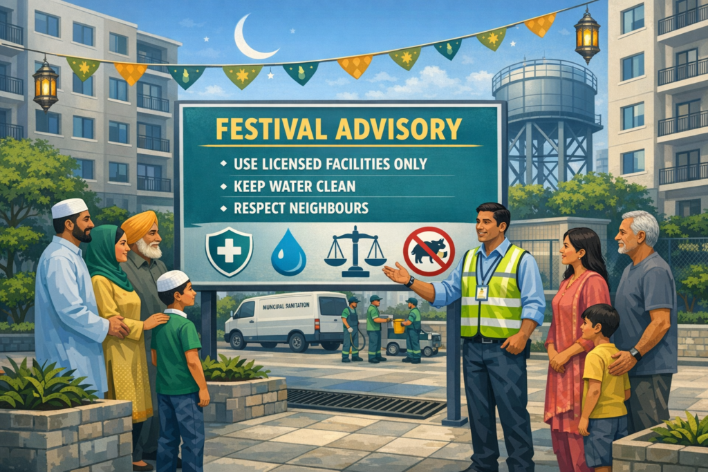 City public-health official briefs families beside a Festival Advisory board: use licensed facilities, keep water clean, respect neighbours. Sanitation crew works by a municipal van under bunting.