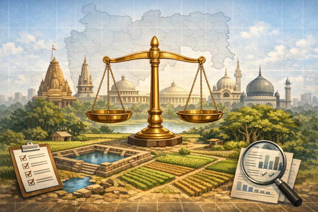 Golden scales above farmland and a stepwell, with a checklist clipboard and magnified charts; temples and mosques on the horizon before a regional map, signaling fair, data-led rural governance.