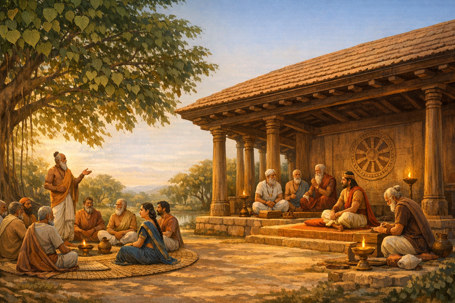 Painting of an Indian sabha under a banyan tree, with sages and villagers seated around lamps and scrolls, listening to an elder near a pillared hall carved with a dharma wheel beside a river.
