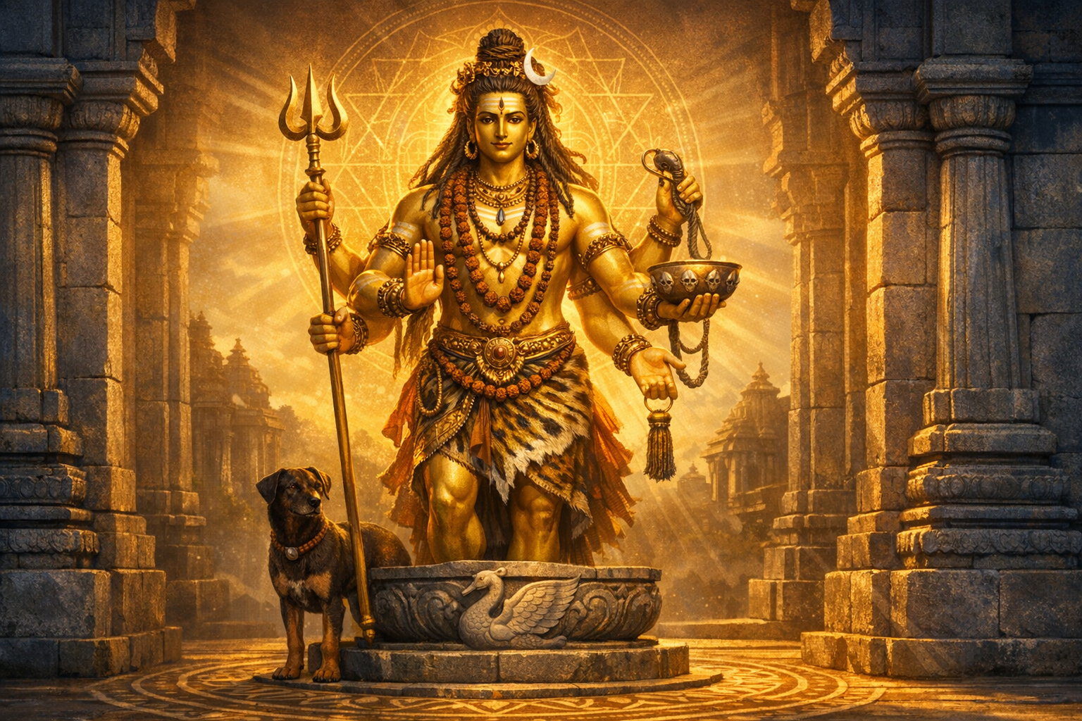 Golden artwork of Lord Shiva with four arms, trident and damaru, crescent moon and third eye, wearing tiger-skin and rudraksha, haloed by a yantra, standing in a stone temple beside a dog.