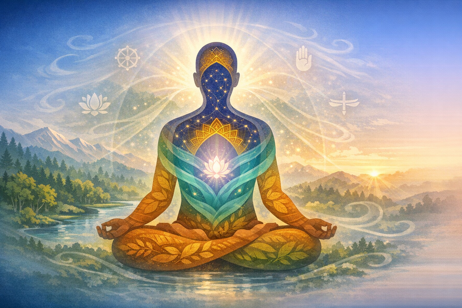 Serene illustration of a mindful yogi in lotus pose by a winding river at sunrise, body layered with starry cosmos, glowing heart-lotus, leaf motifs, and faint chakra symbols over distant mountains.