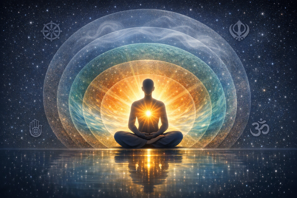 Silhouette meditating cross-legged before a cosmic backdrop, light radiates from the heart and reflects on water; Om, Dharma wheel, Jain hand, and Khanda symbols appear subtly; {post.categories}