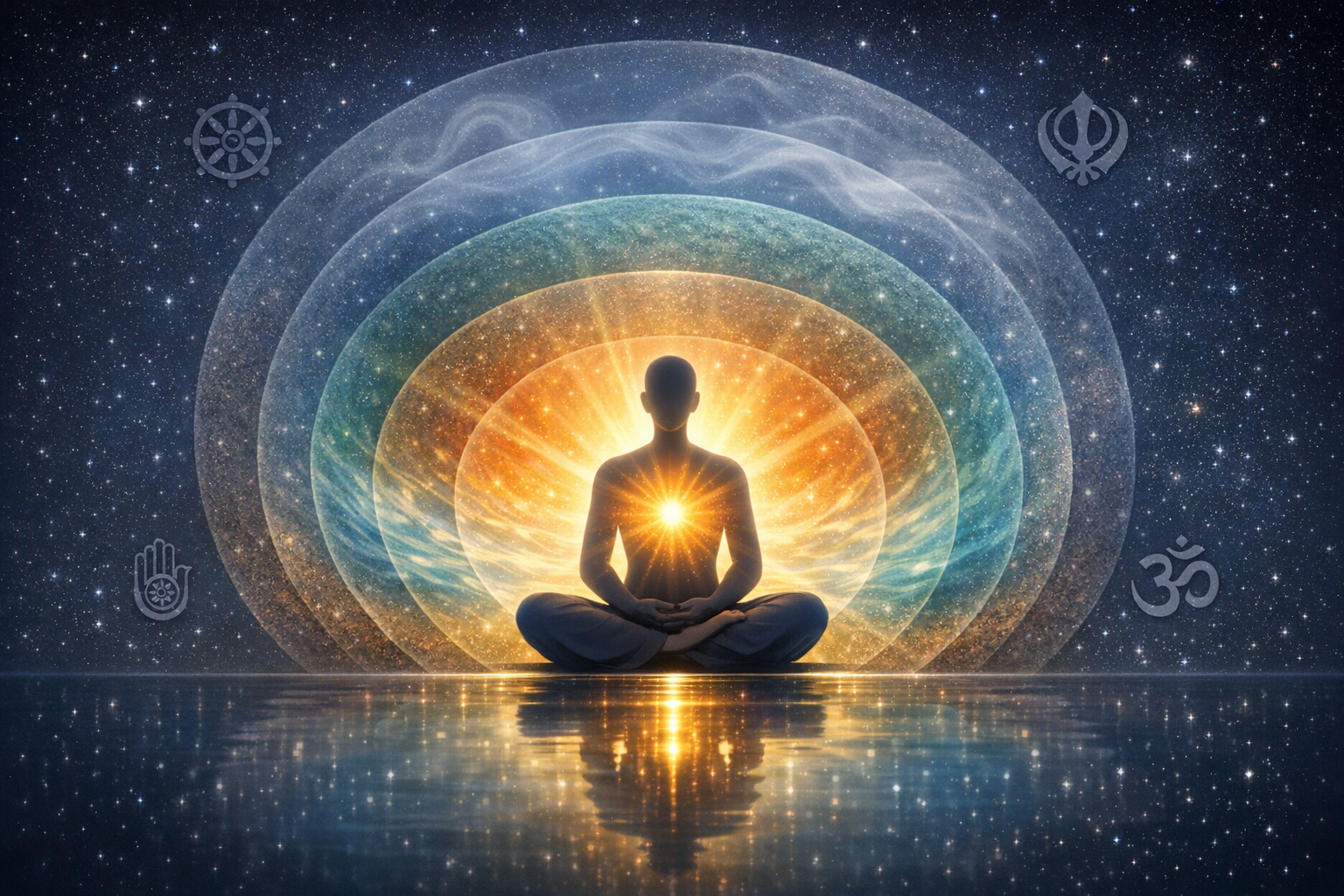 Silhouette meditating cross-legged before a cosmic backdrop, light radiates from the heart and reflects on water; Om, Dharma wheel, Jain hand, and Khanda symbols appear subtly; {post.categories}