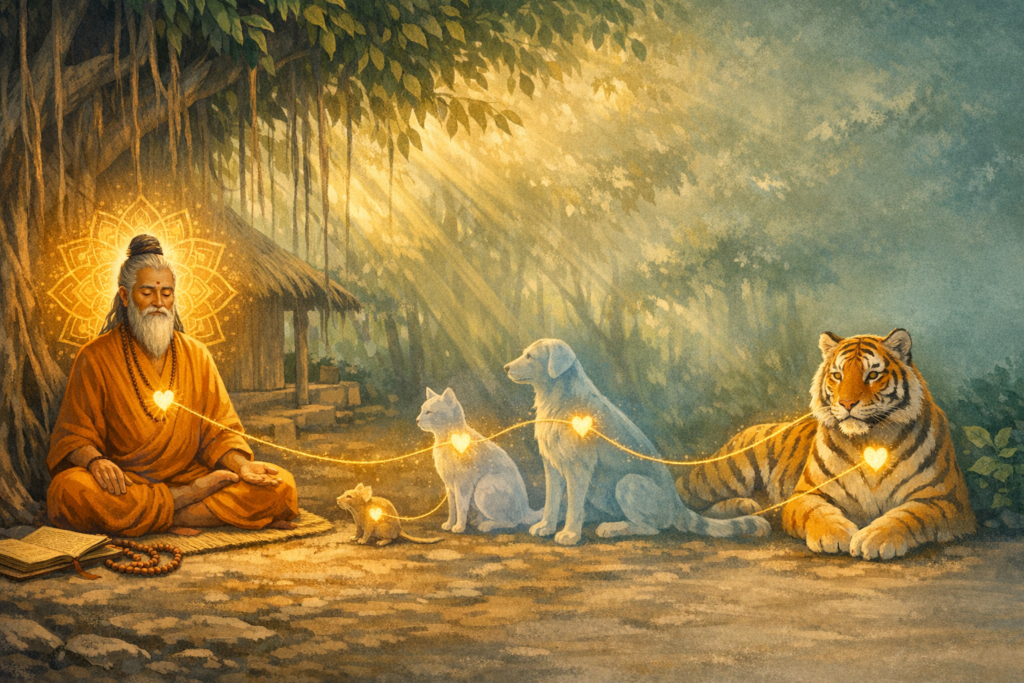 Forest illustration: meditating sage under a banyan beside a hut as sunbeams fall. A glowing heart thread links mouse, cat, dog, and tiger, symbolizing mindfulness, compassion, and unity. {post.categories}