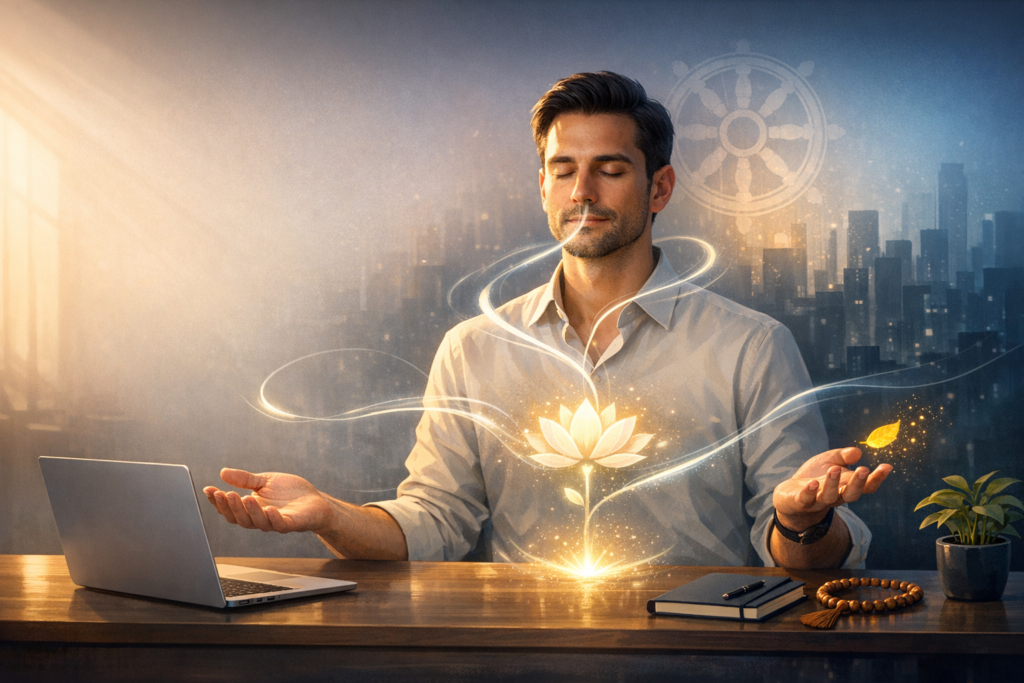 Calm man sits at a desk, eyes closed in meditation, as a luminous lotus blooms between his hands. A laptop, notebook, and beads rest nearby; city skyline and wheel motif hint at mindful balance.