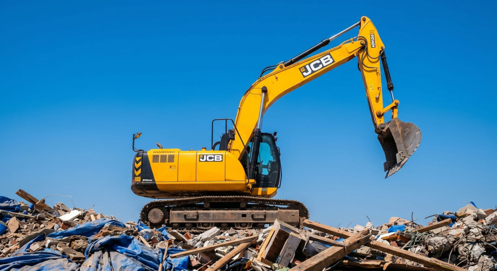 Yellow excavator perched on a mound of rubble, wood, and tarps under a clear blue sky, illustrating demolition and cleanup typical of slum clearance and urban redevelopment projects.