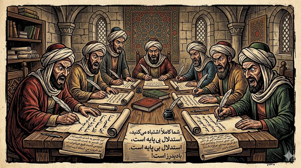 Illustrated scene of medieval Middle Eastern scribes in a stone-walled scriptorium, debating as they draft scrolls with quills; an intense table that evokes the psyche of a medieval chronicler.