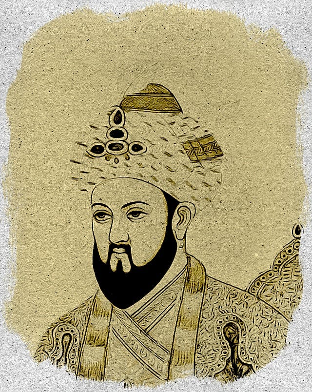 Historic illustration of a bearded Muslim ruler wearing a jeweled turban and brocade robe, rendered on aged parchment, evoking medieval Muslim chroniclers, chronicles, and manuscript portraiture.