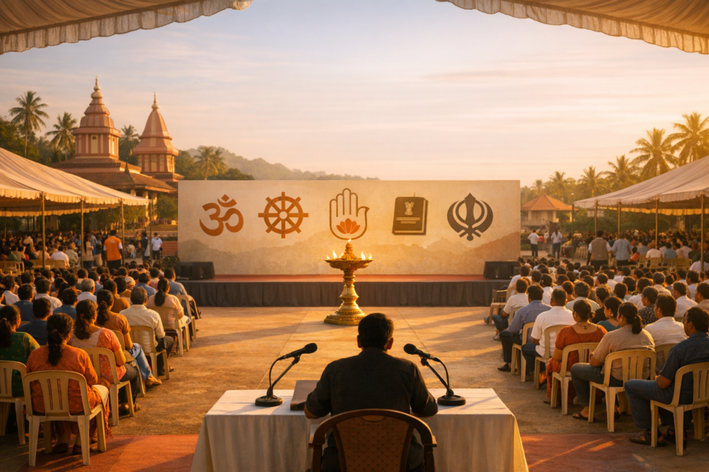 Interfaith gathering at sunset: a crowd faces a stage with symbols of Om, Dharma wheel, Jain hand, law book, and Sikh Khanda; a lit brass lamp and two microphones in the foreground.