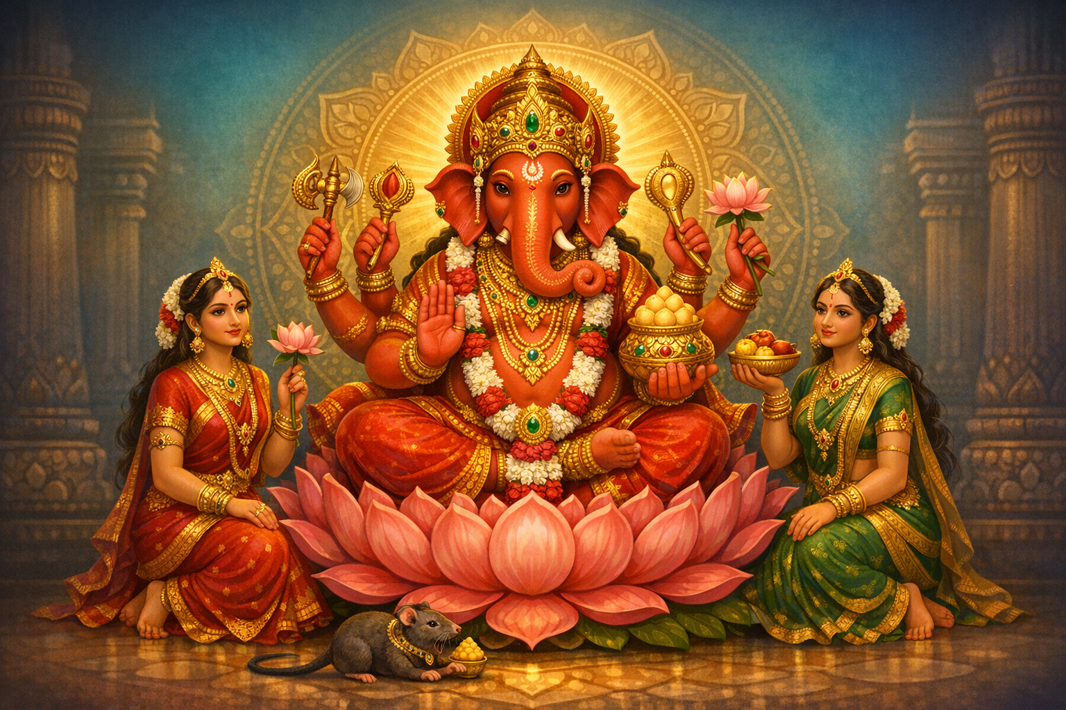 Radiant depiction of Lord Ganesha seated on a pink lotus, golden halo behind, multiple arms with lotus, modak bowl and symbols; two women in red and green offer puja, a mouse below, set within an ornate temple backdrop.