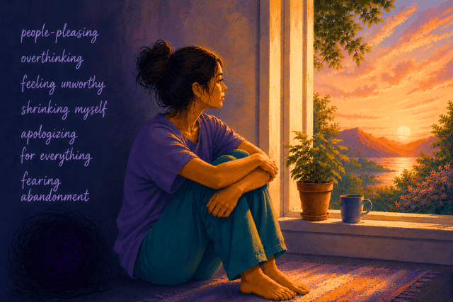 Illustration of a woman by a sunset-lit window, with text listing people-pleasing and fearing abandonment - symbolizing healing, Love, boundaries, and ending toxic, unhealthy relationship patterns.