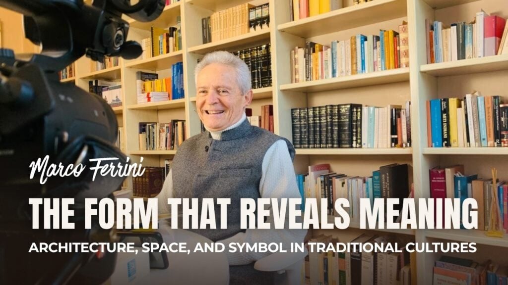 Presenter seated in a book-lined study, filmed by a camera in the foreground; overlaid title announces a talk on architecture, space, and symbol in traditional cultures.