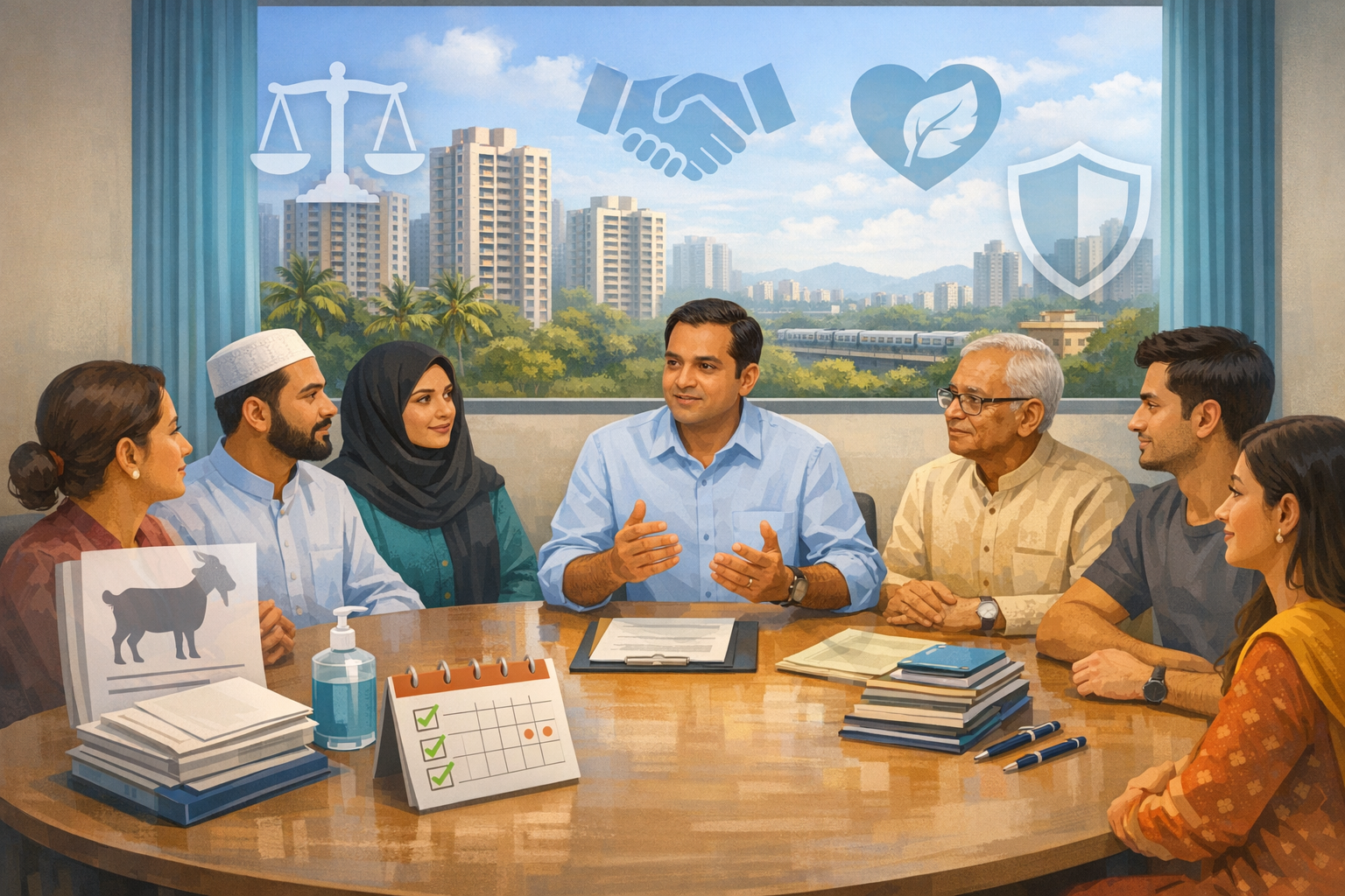 City office roundtable on ethical governance, policy, and sustainability. A facilitator guides diverse residents as icons for justice, partnership, health, and protection appear on the window.