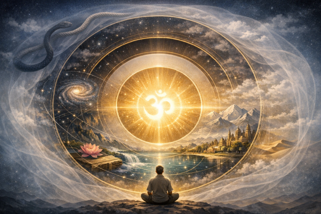Radiant golden mandala with the Om symbol shines above mountains, lake, and temple as a lone figure meditates; lotus, a spiral galaxy, and a serpent ring the cosmic scene.