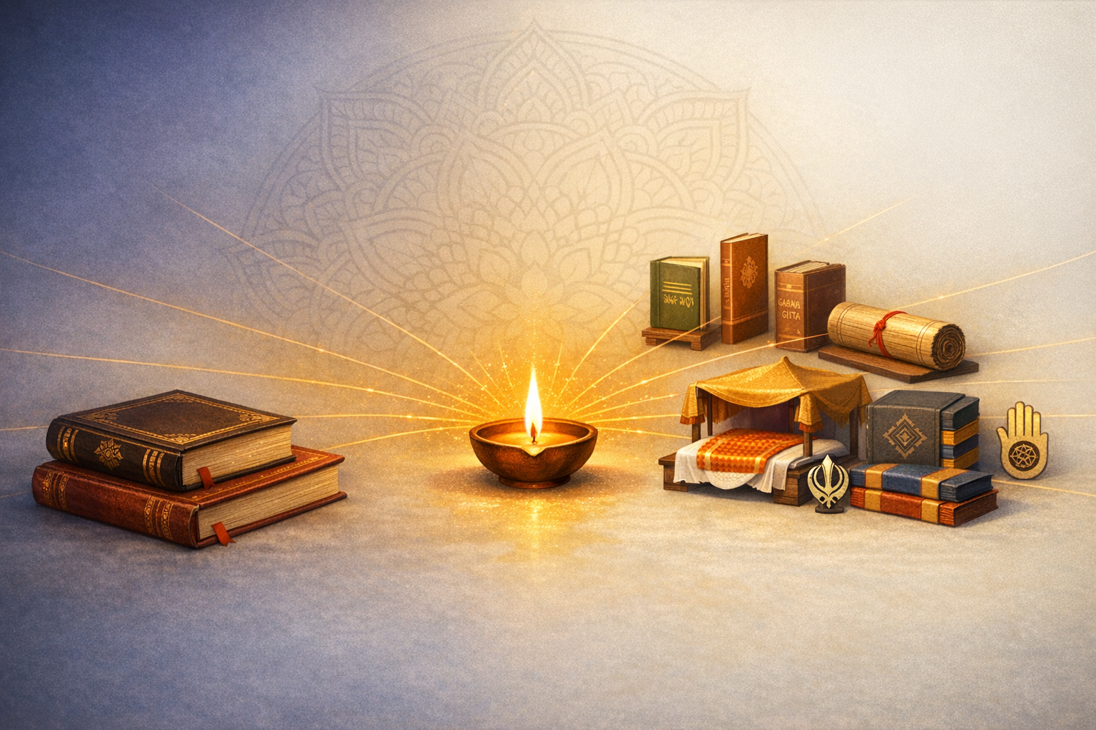 Glowing oil lamp at center sends golden rays to stacks of ornate books, a palm-leaf scroll, and symbols with a canopy evoking Hinduism, Jainism, and Sikhism, honoring South Asian sacred texts.