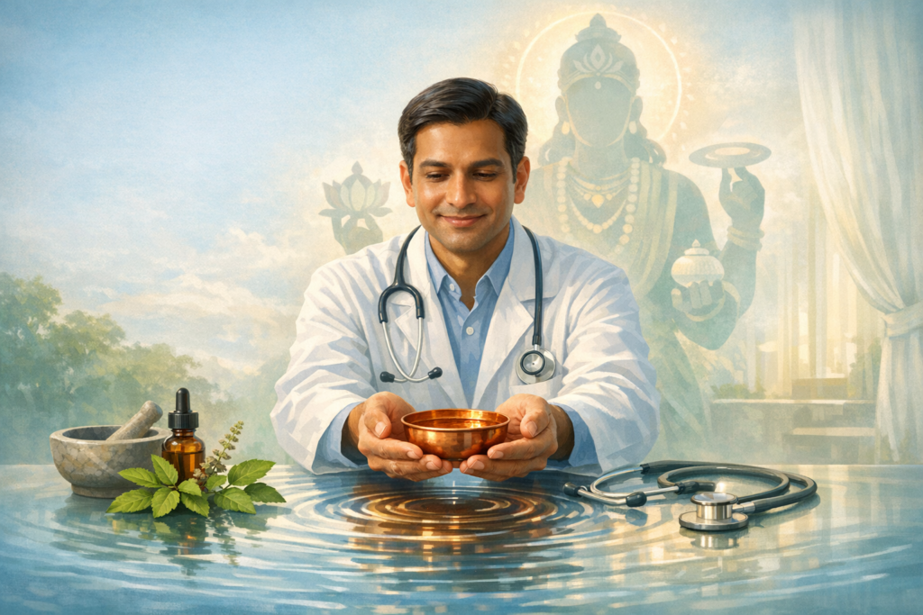 A smiling doctor in a white coat holds a copper bowl above rippling water, with a stethoscope, herbs, mortar, and dropper; a deity silhouette glows behind, evoking Ayurveda and integrative health.