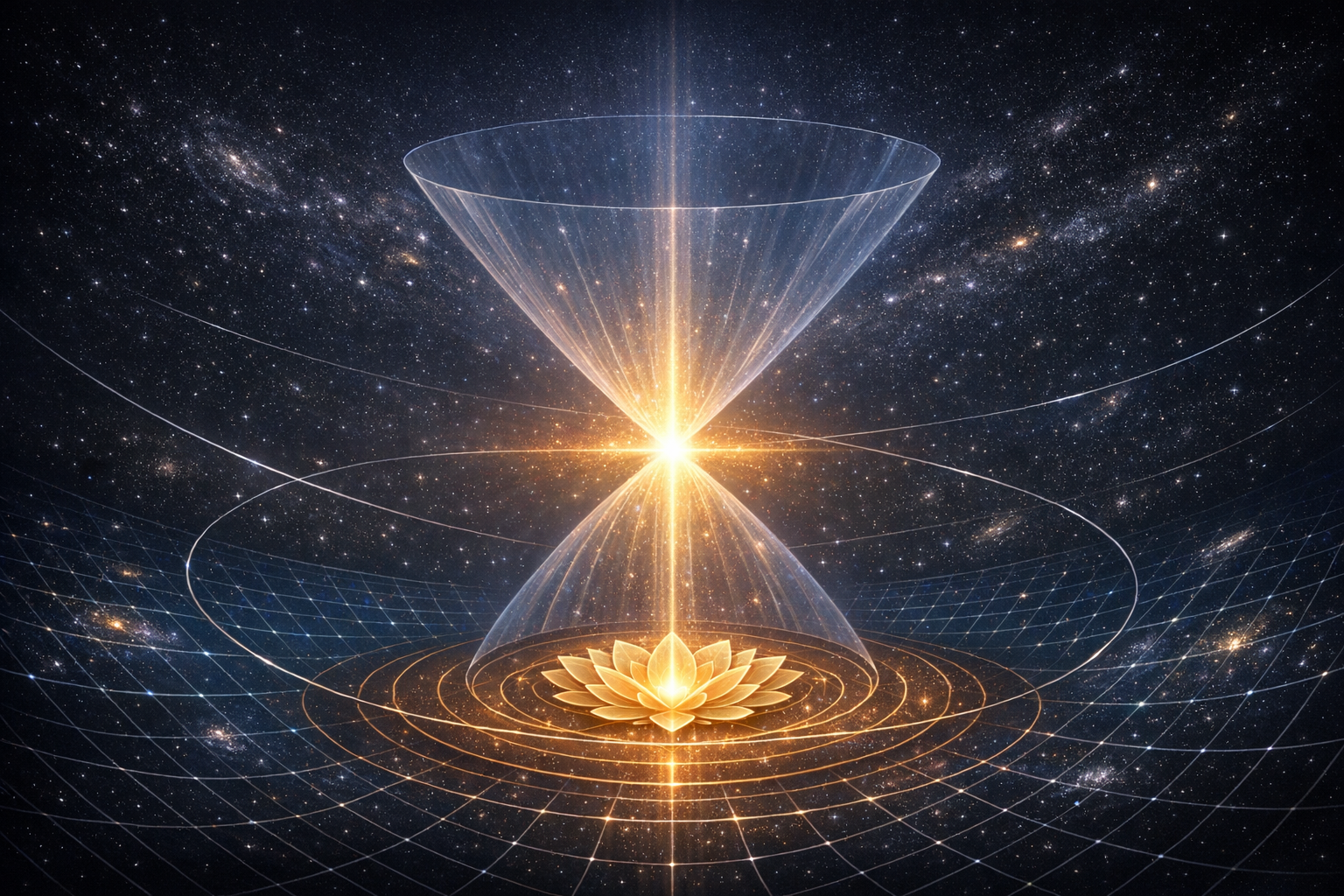 Digital illustration of a glowing golden lotus on concentric rings beneath a radiant light, framed by mirrored space-time cones over a starry grid, linking cosmology, physics and meditation.