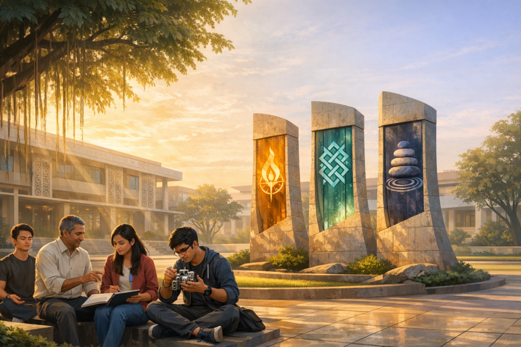 Sunlit university campus scene with a mentor and three students studying beside three stone pillars showing icons—a flame, a knot, and stacked stones—signifying education, community, and balance.