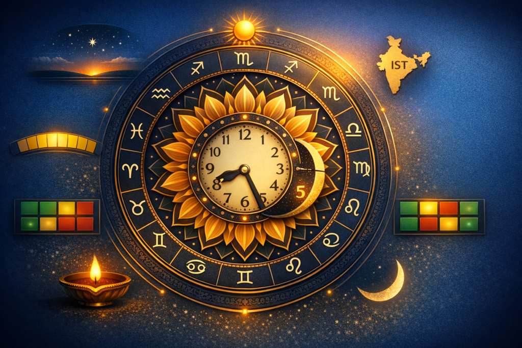 Golden astrological clock with zodiac symbols, sunflower dial, crescent moon, and India map marked IST, with stars, a diya, and time bars—visualizing Vedic astrology, muhurat, panchang, horoscope.