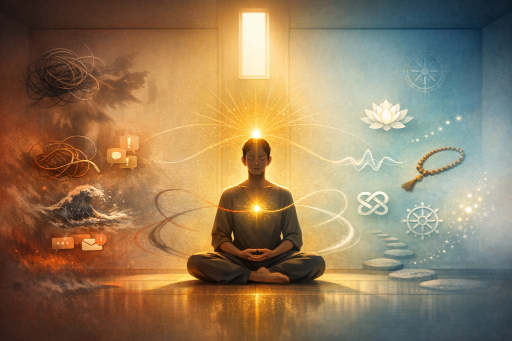 Person meditating cross-legged in a split room: left shows turbulent waves and message alerts; right shows lotus, mala beads, and a dharma wheel. Golden light at heart and crown signifies balance.