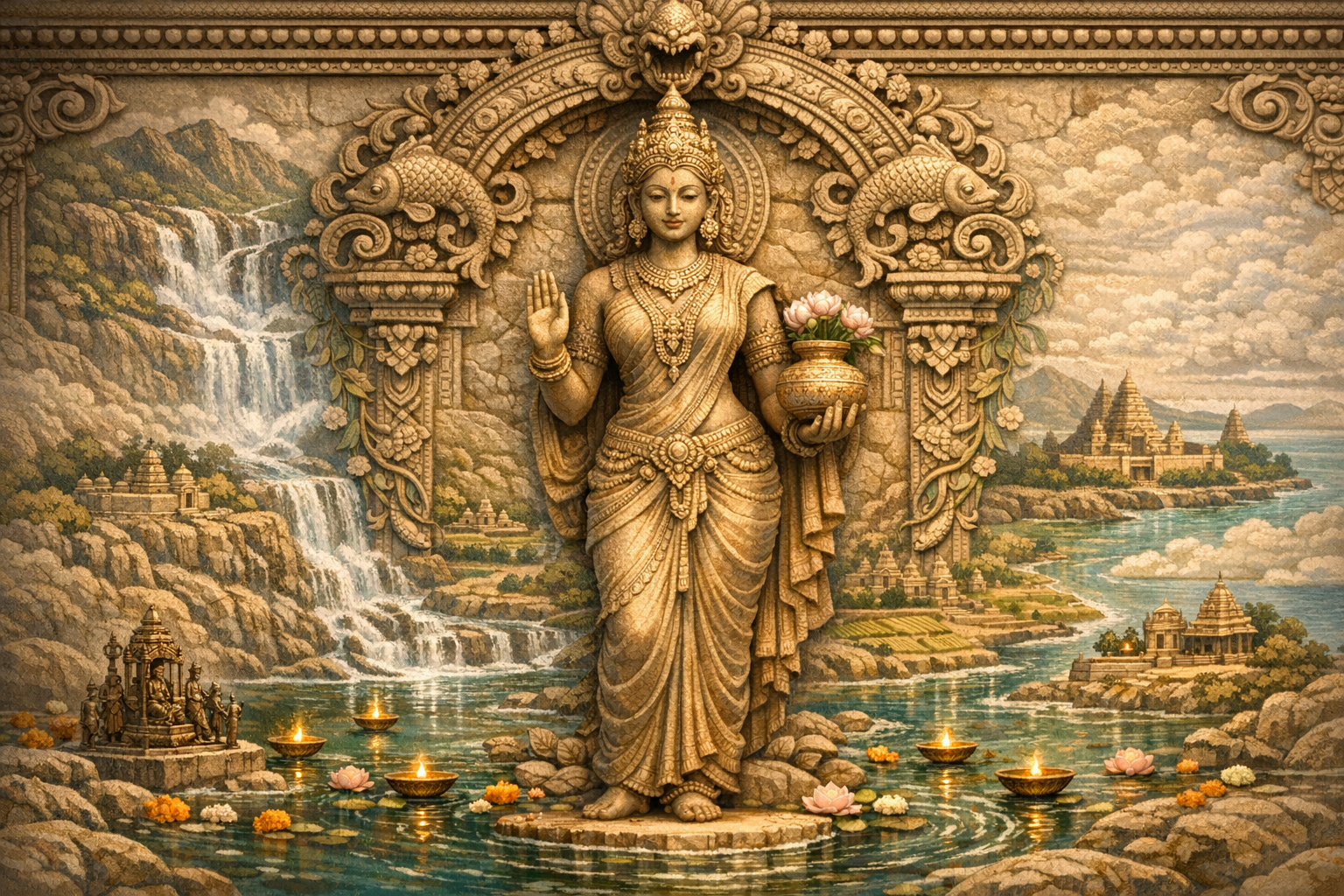 Intricate stone relief of Hindu goddess Lakshmi, holding a lotus pot and blessing, framed by fish and floral carvings, with waterfalls, river, temples and sacred architecture, diyas, and lotus flowers.