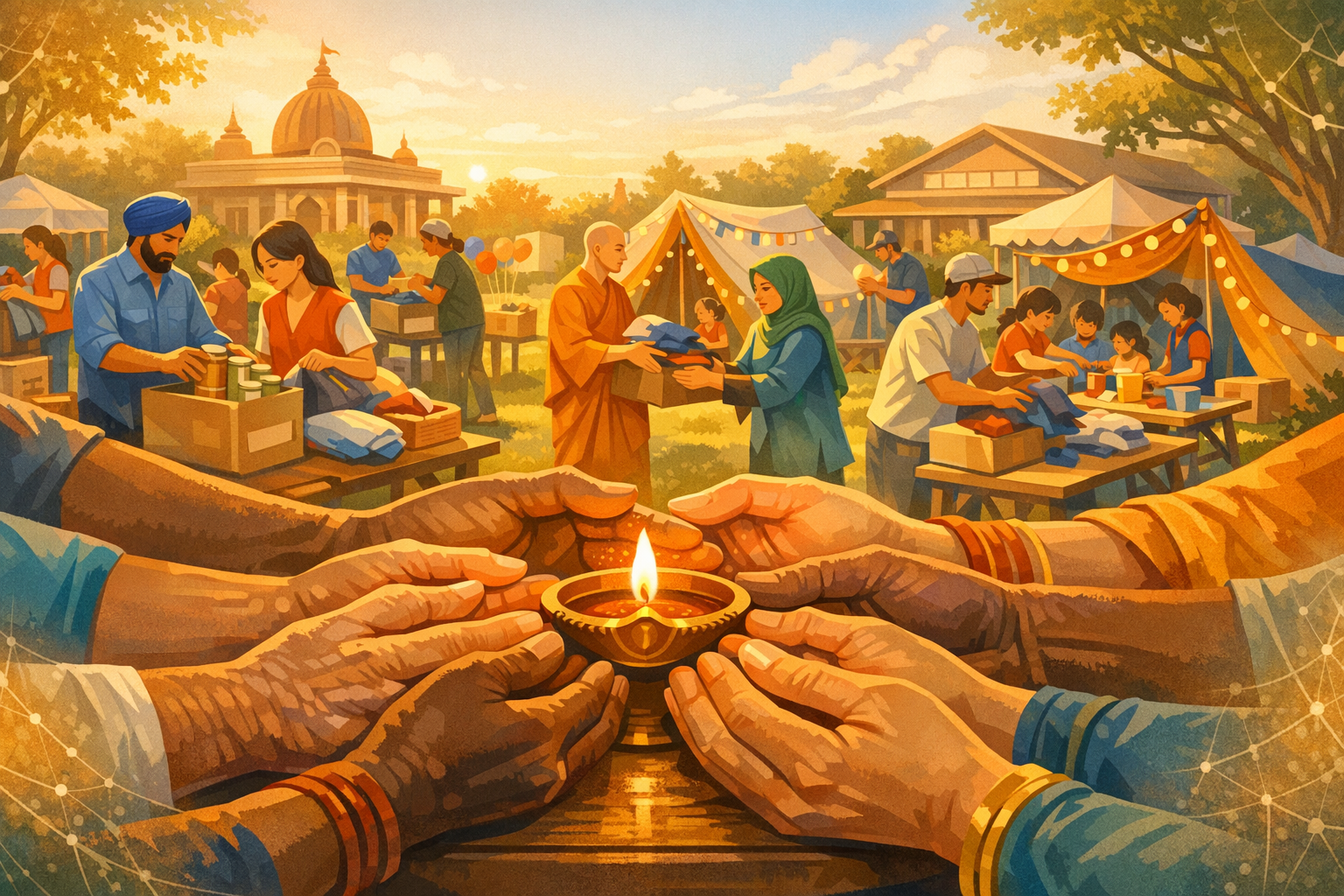 Illustrated outdoor donation drive at sunset: volunteers sort clothes and canned food while hands in the foreground cup a glowing oil lamp, symbolizing community service, unity, and inclusion.