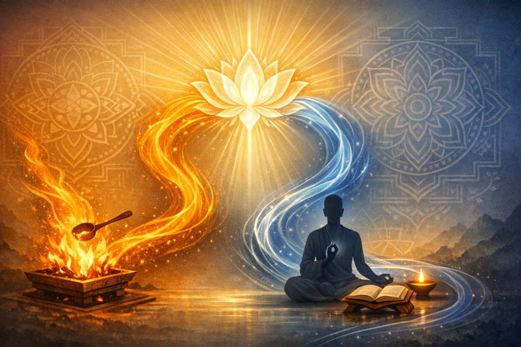 Radiant lotus above a ritual fire and a meditating figure with an open book; golden and blue streams link both elements over subtle mandala patterns and distant mountains.