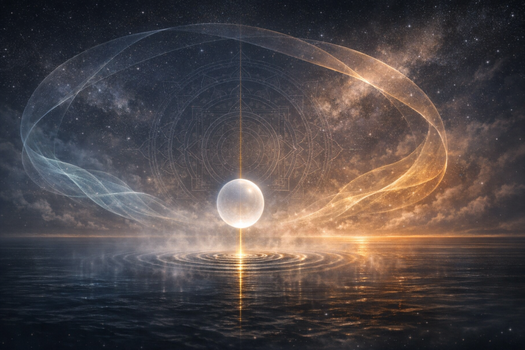 Digital artwork of a glowing orb above rippled water, a vertical light beam, and starry Milky Way sky, framed by translucent gold and blue ribbons and faint sacred geometry etched in the clouds.
