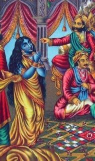 Traditional Indian painting of a royal court: a blue-skinned woman in a yellow sari pleads as courtiers point beside a dice board, recalling the Mahabharata and Krishna’s protective presence.