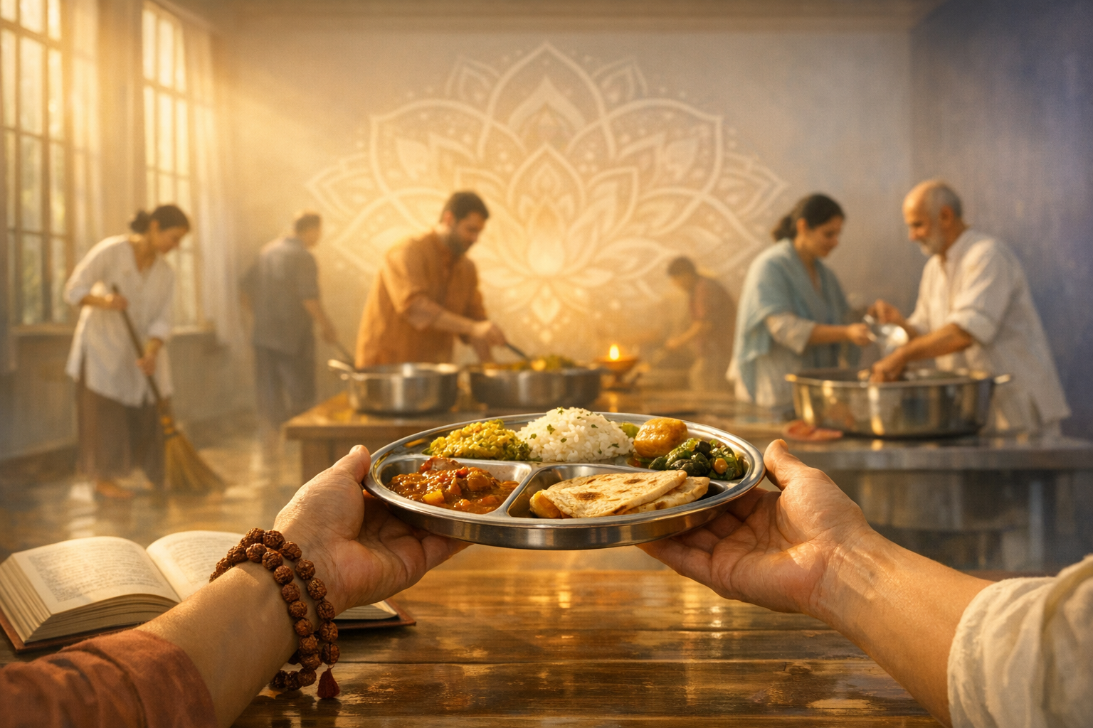 Hands exchange a steel thali with rice, flatbread, curries, greens, and a sweet in a sunlit community kitchen, as volunteers cook and clean before a lotus mural; a book and prayer beads on the table