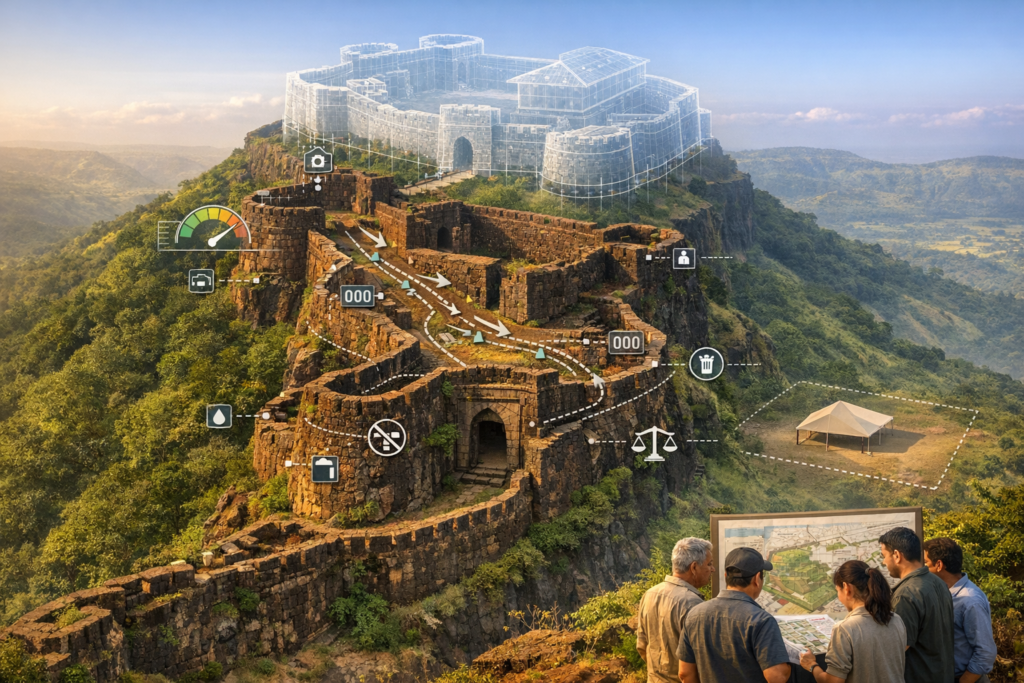 Hilltop stone fort ruins with AR-style overlays: a wireframe reconstruction above, arrows marking routes, and icons for water, waste, and safety, as a planning team reviews a heritage site map.