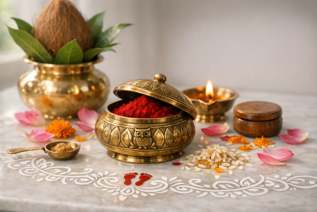 Ornate brass kalash with coconut, open kumkum holder, lit diya, rice and petals on a marble altar with rangoli and Lakshmi footprints - traditional Hindu puja setup for Diwali/Navratri.