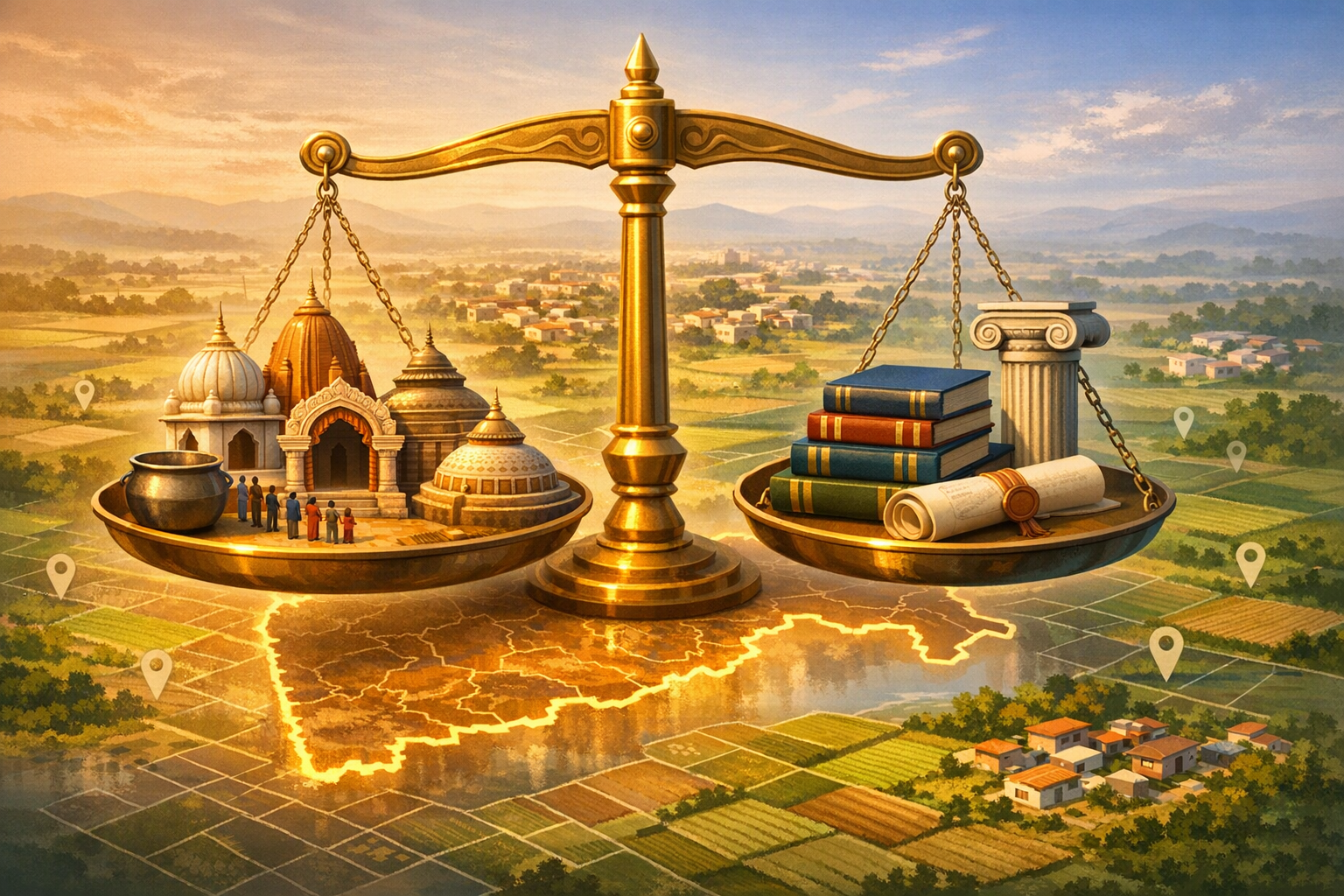 Golden scales of justice hover above rural fields, weighing temple domes and devotees against law books, a sealed scroll, and a column, symbolizing land rights, governance, and constitutional law.
