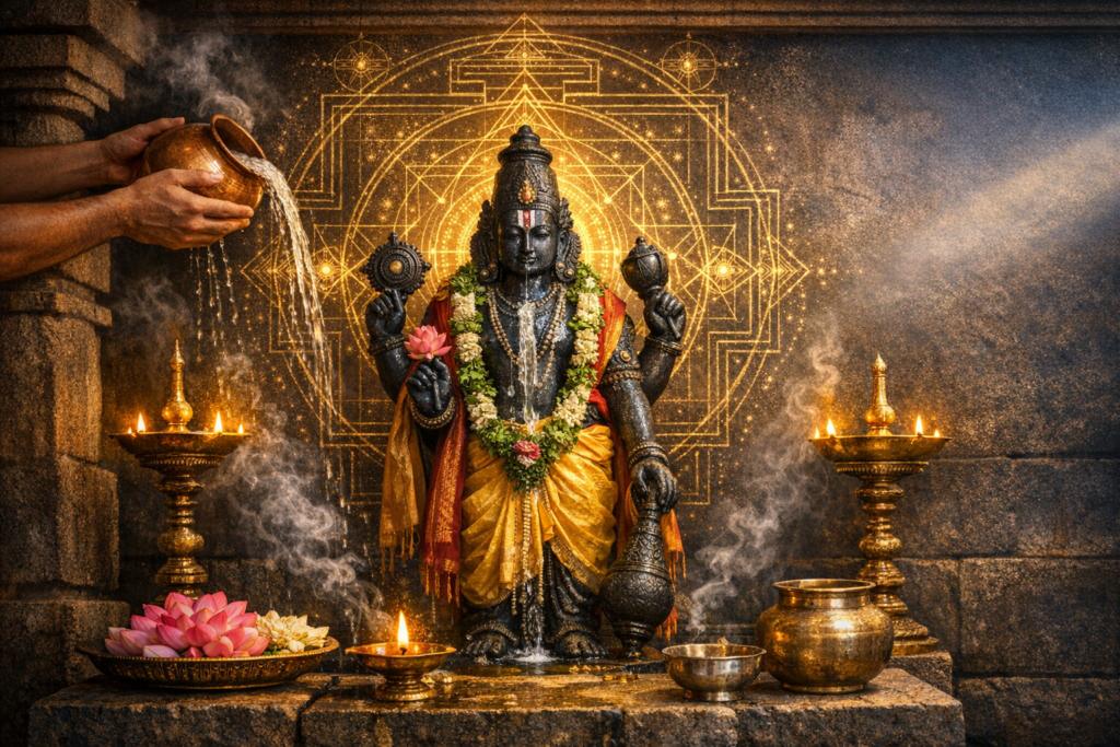 Stone idol of Lord Vishnu garlanded with jasmine and draped in gold cloth during abhishekam, water poured from a copper pot; lit brass diyas, lotus flowers, and a glowing yantra mural illuminate the sanctum.