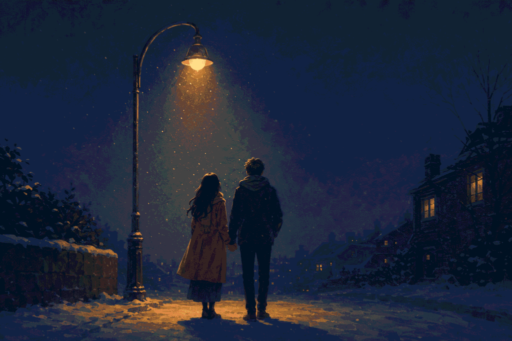 Two figures hold hands beneath a glowing streetlamp on a snowy, bleak night; warm cottage windows shimmer nearby, suggesting Hope and lighthearted steps toward the unknown.