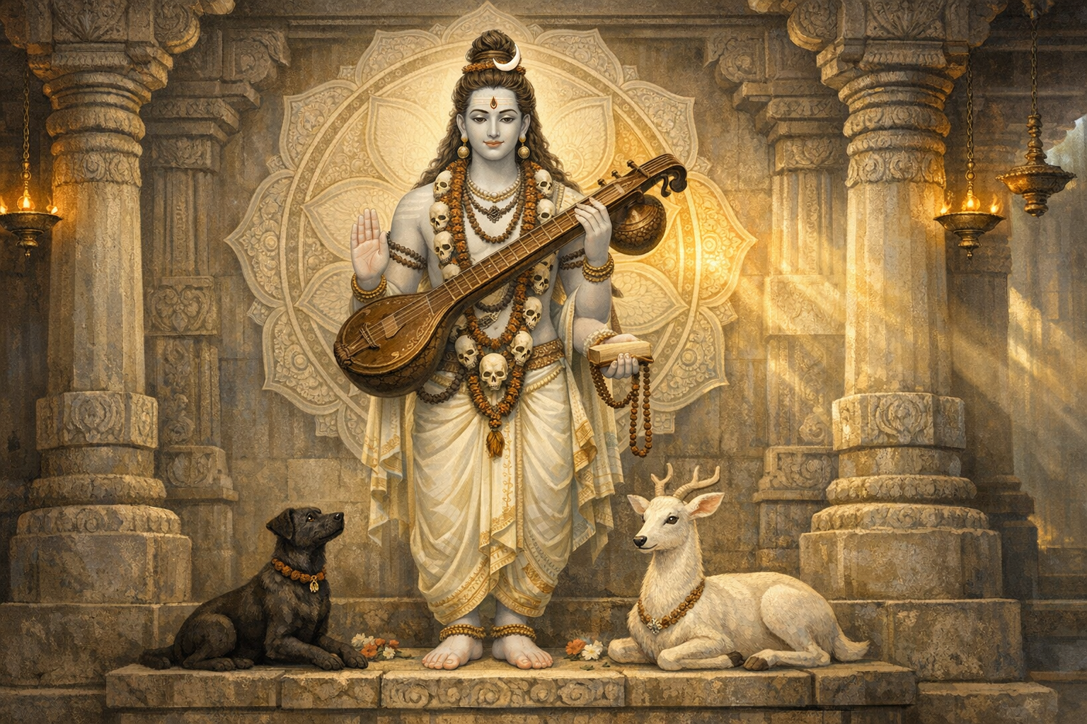 Detailed painting of the Hindu deity Shiva in a stone temple, holding a veena before a carved mandala, wearing rudraksha and skull garlands, with a white stag and a black dog; {post.categories}