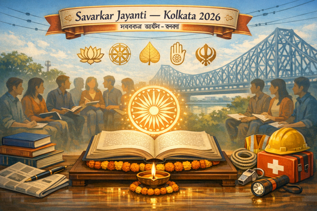 Illustrated banner for Savarkar Jayanti — Kolkata 2026: students read together by the Howrah Bridge. In front, an open book with a glowing chakra and diya, marigolds, safety gear, and faith symbols.