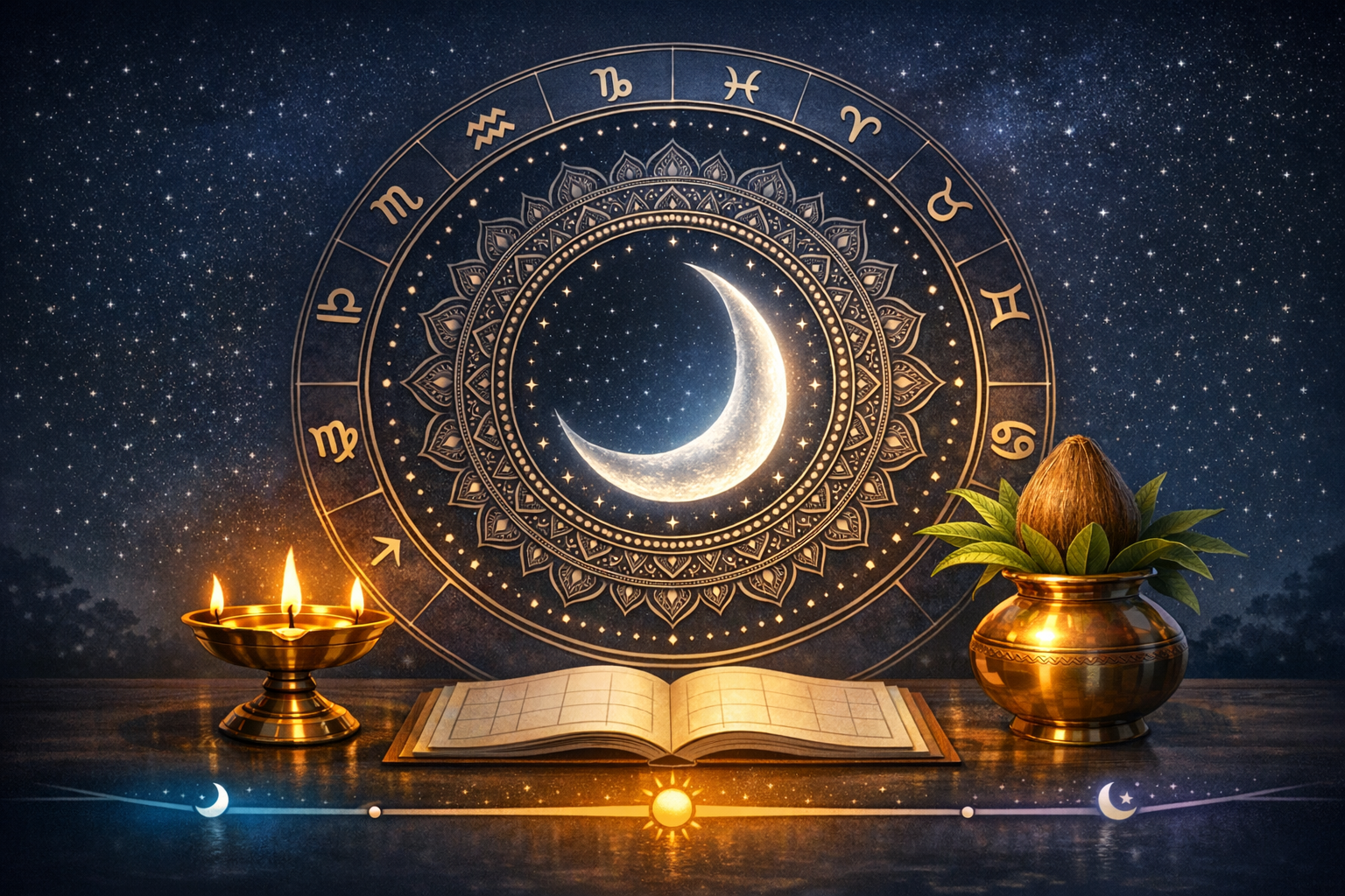 Brass diya and kalash beside an open almanac under a starry sky, with a crescent moon centered in a zodiac mandala; visualizing lunar phases, panchang, and horoscope themes for {post.categories}.