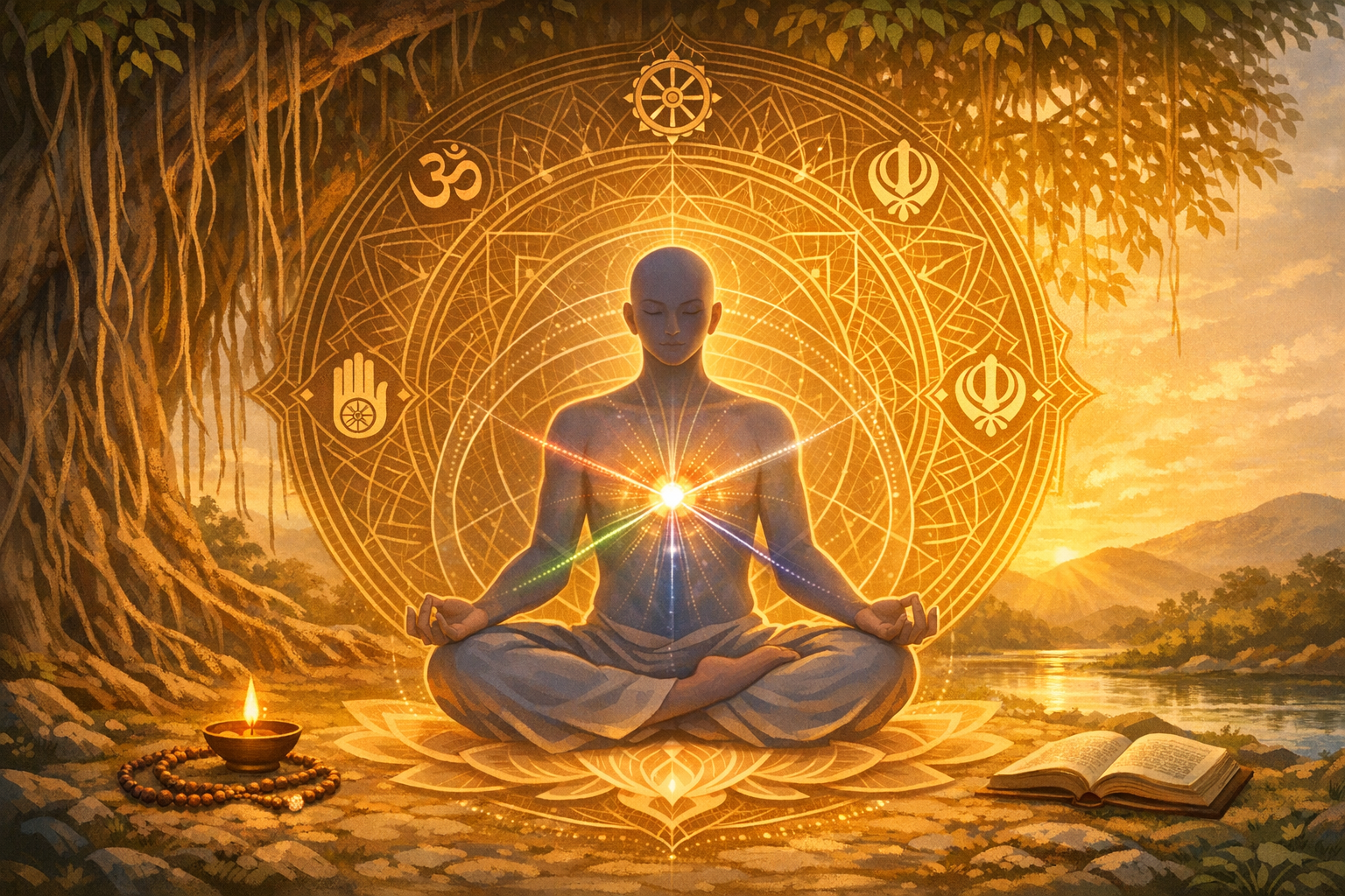 Person meditating under a banyan tree, heart chakra glowing with rainbow light, inside a golden sacred-geometry mandala; interfaith symbols, oil lamp, mala beads, and an open book at dawn.